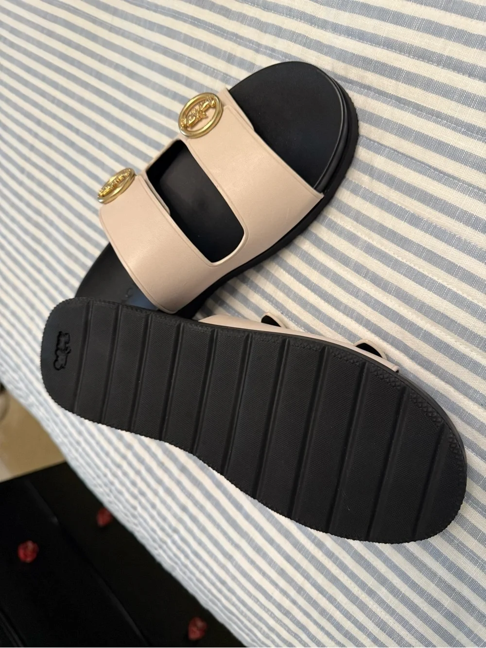 Coach Women's Beige Double-Strap Slide Sandals with Gold Buckles